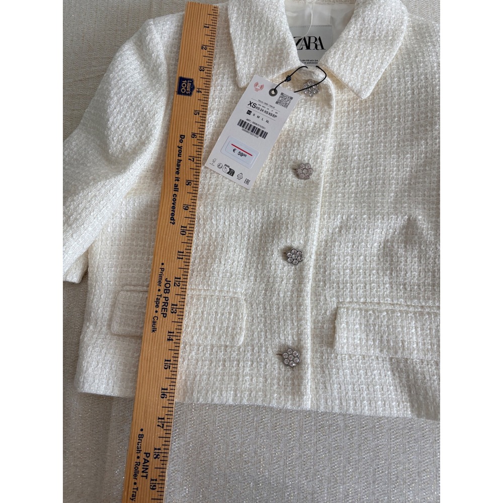 Zara Tweed Cropped Jacket XS‎ Cream White New Crystal Flower Button Short Sleeve - Picture 8 of 12